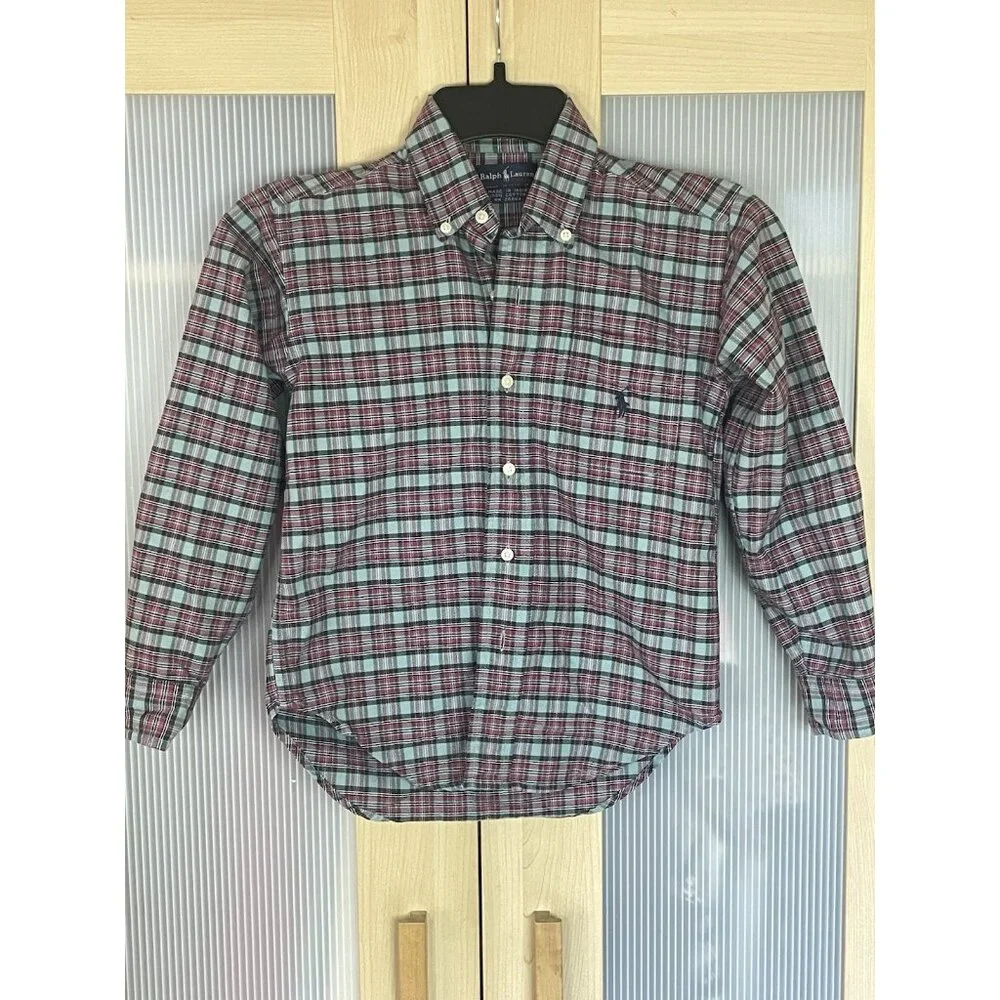 Ralph Lauren Boys Blue Red Plaid Cotton Button Down Shirt Sz 6 Party Holiday Top